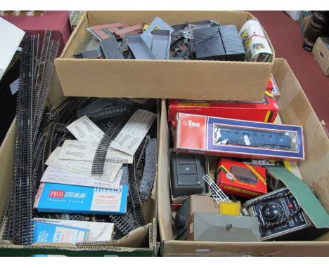 Two Boxes Containing a Quantity of Hornby/Triang 'OO' Gauge/4mm Playworn Buildings, track, rolling stock, four good boxed coa