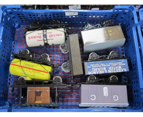 Six Ace Trains 'O' Gauge/7mm Items of Unboxed Rolling Stock, consisting of two tank wagons, a Jacobs Biscuits Van, Brake Vans