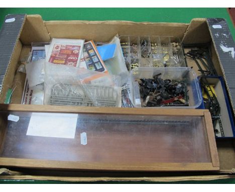 A quantity of mainly model railway spare parts and accessories to include switches, brass parts, signal, wire gauge, travel p