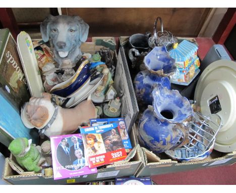 CDS, resin dogs, hardwood elephants, clock, knife set, ceramics, etc: Two Boxes.