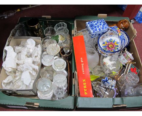 Glassware, ceramics, pyrex rolling pin, sugar castor, etc:- Two Boxes.