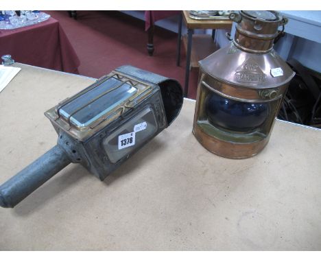 John Phillips Light of London Carriage Lamp, C.W.C Starboard copper lamp, 22.5cm high with handle down. (2).