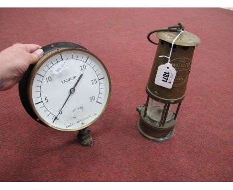 Eccles Manchester The Protector Brass Miners Lamp, 23cm high, together with vacuum dial. (2).