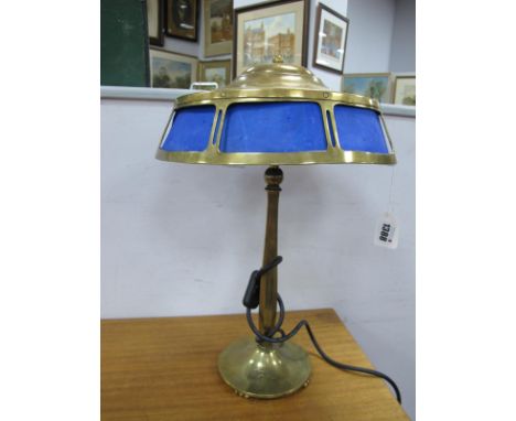 Arts and Crafts Brass Style Twin Branch Table Lamp, concealed by flying saucer shape shade (panels absent) on octagonal suppo