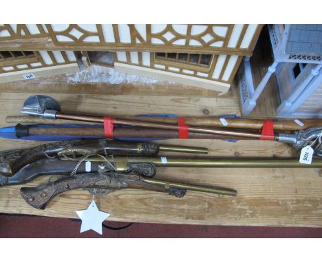 A Shooting Stick, walking sticks, pair of modern model wall pistols and musket.