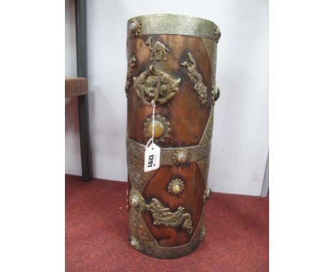 Oriental - Cylindrical copper stick stand with white metal mounts, including dragons, grotesque figures to handles, many caba