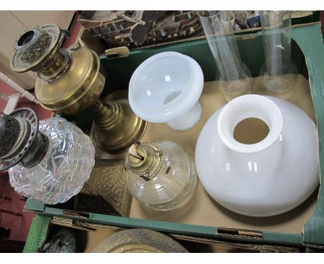 Iron Based Oil Lamp with random coloured linear decoration to clear glass well, brass and glass oil lamps, two shades.