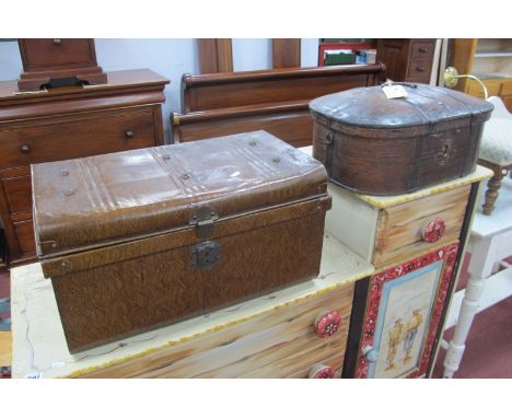 Continental Oval Wooden Box, with metal mounts 55cm wide tin trunk 61cm wide.