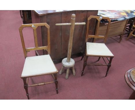 A Wooden Dolly Wash Tub Stick, on five footed base, approximately 94cm high, pair of aesthetic bedroom chairs. (3). 