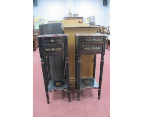 A XX Century Pair of Ebonised Side Tables, one with two small drawers, on turned legs with under shelf, 26cm wide.
