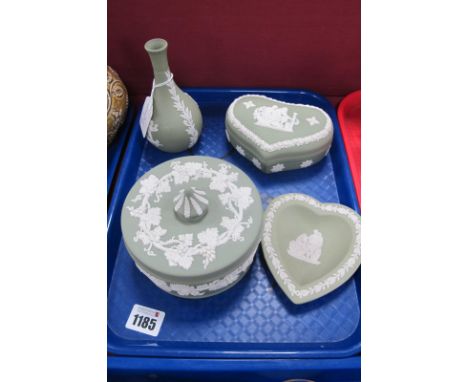 Wedgwood Green and White Jasperware Large Circular Lidded Trinket Box, a heart shape trinket box, bud vase and a heart shape 