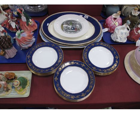 Spode for Harrod's Soup Bowls with Gilt Classical Decoration, on blue boarders x 11, three other oval meat plates, Adams plat