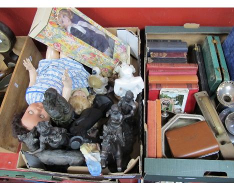 Resin and Ceramic Figures, books, plated ware, brass door handle, postcards, etc:- Two Boxes.