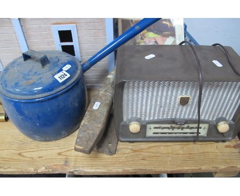 Iron Anvil 33.5cm long, Judge 10 pint blue enamel pan, ultra radio. (3)