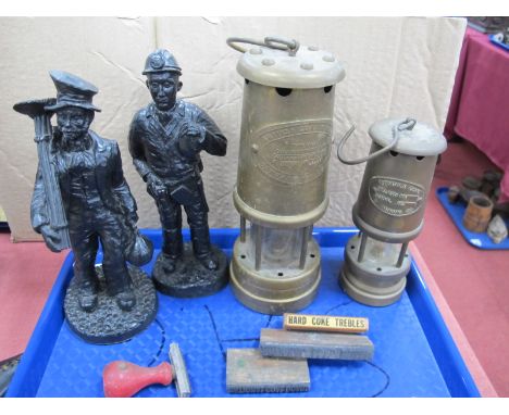 British Coal Mining Brass Miners Lamp, 'Aberman Colliery'; another smaller Ferndale Coal, two coal figures of miners and stam
