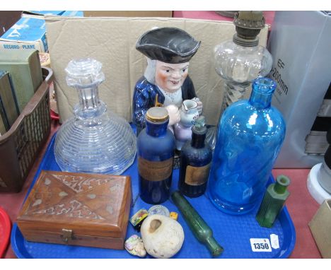 A XIX Century Toby Jug,(damaged), twist glass oil lamp, Lemonier turquoise glass bottle, (chipped) Edinburgh glass decanter, 