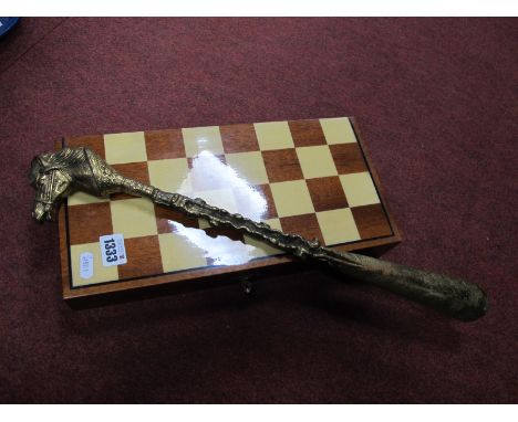 A Mahogany Games Box, with a chessboard top, together with a brass hoe horn, with a horses head. (2)