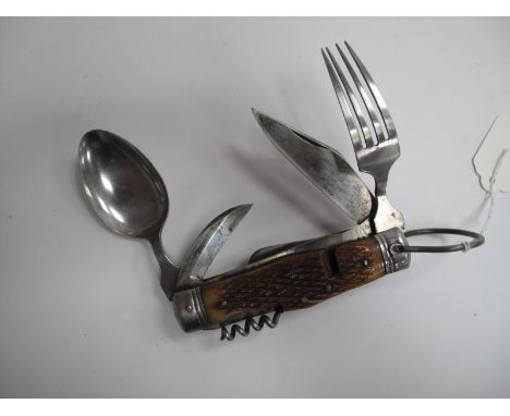 A Pocket Knife; Comprising, multi-function blade, spoon, saw, sickle, nail file, corkscrew, spike, bottle opener, fork and la