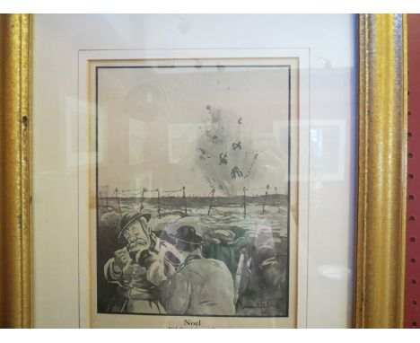 A vintage Bruce Bairnsfather military print "Noel" depicting British soldiers smoking in the trenches, framed and glazed 