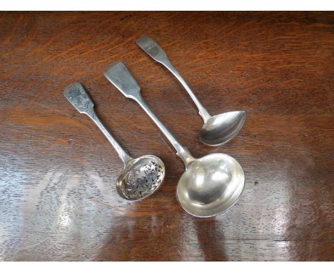 A Holland, Aldwinkle & Slater silver sauce ladle, London 1897, an Irish silver tody spoon and a George Unite silver sifting s