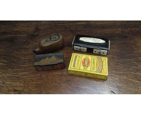 Three 19th Century snuff boxes including bone decorated, papier mache and oak with horn lid, with a vintage packet of cigaret