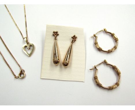 A pair of 9ct gold hoop earrings, pair of drop earrings, a 9ct gold chain with pendant etc 