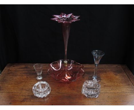 A small quality of mixed glassware to include a cranberry epergne, a/f, and an early drinking vessel 