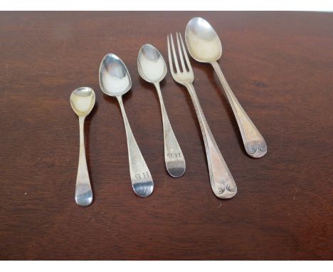 A silver christening spoon and fork, two teaspoons and a salt spoon, 73g  (5)