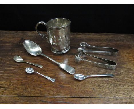 A silver christening mug a/f, silver sugar tongs, a mustard spoon (3) and four pieces of plated flatware, 162g