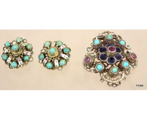 Pair of Austro Hungarian enamel earring and a similar gem set brooch 