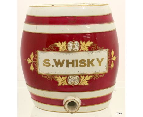 Large Victorian pottery pub Scotch Whisky barrel 34cm high