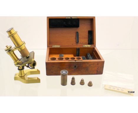 R. Wasserlein antique microscope, slides,  lenses and ivory slides in case with key