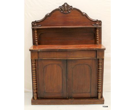 Victorian mahogany chiffonier with bobbin turned columns and shelf supports, with shaped drawer of 2 door cupboard, 150cm wid