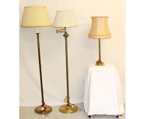 2 brass standard lamps and brass table lamp