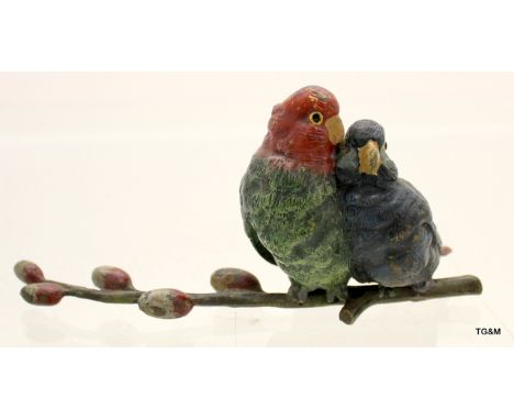 Australian cold painted Vienna bronze of a pair of live birds perched on a ranch of buds. 14cm x 6.5cm