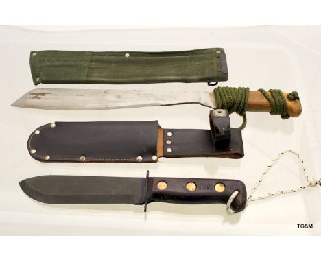 Falkland's War Veteran Commando Officer's 1982 dated 19cm Knife in Leather Scabbard & 1980 Dated 34cm Machete