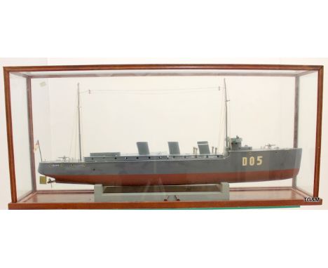 Live Steam model of a Destroyer 'Raider' by Bassett Lowke fitted with boiler and engine 38inches in length mounted in a mahog