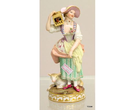 Meissen/Dresden figure of a lady and her sheep. Measuring 20cm
 
There is a slight chip to the back of the bonnet too small t