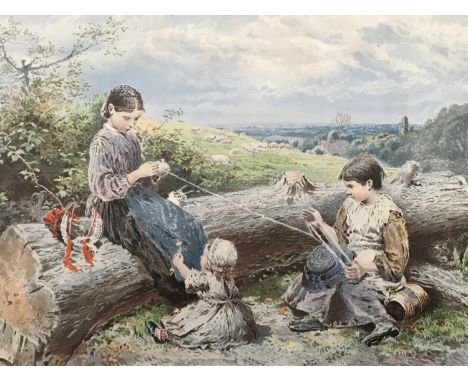 (19th Century) Sensitive study of three sisters seated beside a felled tree, two in the act of wool winding while a toddler p