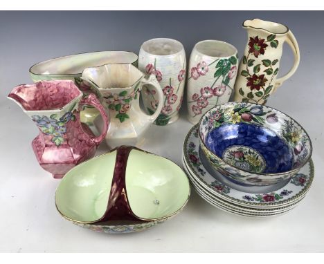 A large quantity of Maling ware including six large soup bowls, jugs and pitchers, a Peony Rose basket, a Dahlia vase and a B