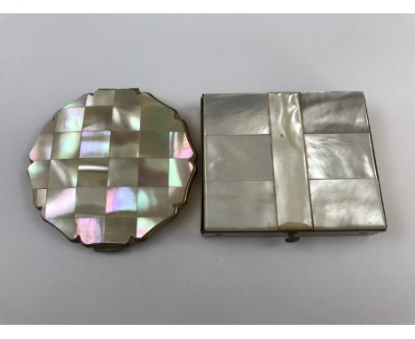 A Stratton mother of pearl inlaid power compact, together with one further similar