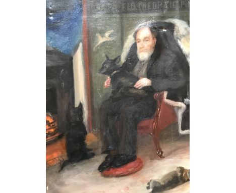E*** M*** (19th Century) Sensitive portrait of a 19th Century priest, seated before a fire together with his three small lap 