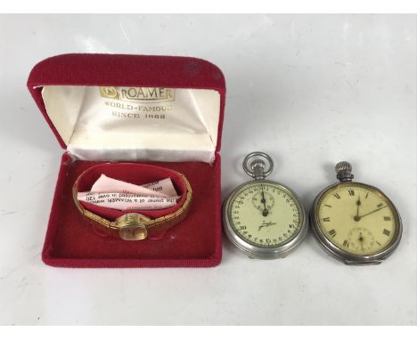 A silver cased pocket watch, having crown-wound lever movement, white enamelled face, Roman numerals and subsidiary seconds d