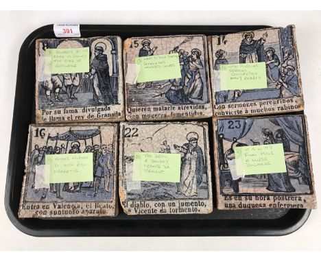 Six 19th Century Spanish ceramic tiles depicting religious / historical scenes