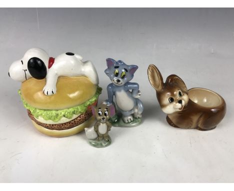Wade Tom &amp; Jerry Whimsies together with a Goebel bunny egg cup and a Snoopy money box