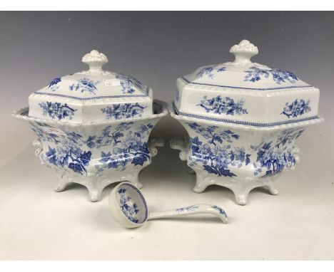 Two Victorian JWR Japan Flowers transfer printed stoneware covered tureens together with a ladle