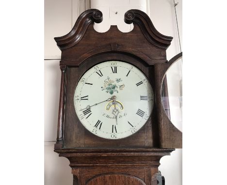An early 19th Century oak long case clock by T Mawkes of Derby, having 30 hour movement and painted circular face