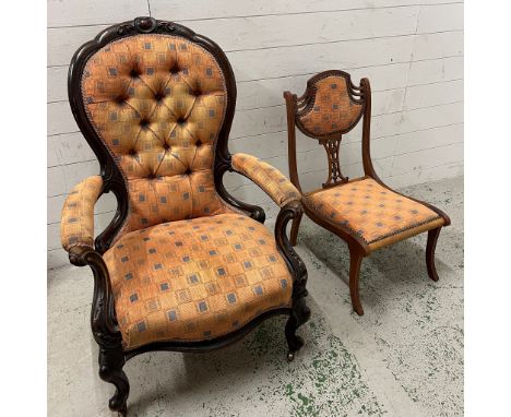 Two side chairs, one button back Victorian salon chair and one hall chair 