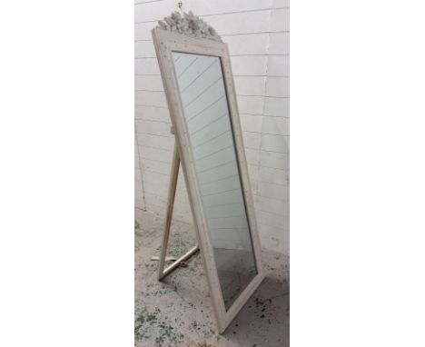 A white painted easel backed bevel edged full length bedroom mirror with carved roses to crown 172cm x 55cm 