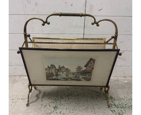 A vintage French brass magazine rack with glazed pictural scenes to sides 
